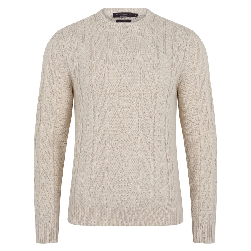 Mens Chunky Merino Wool Cable Jumper Ecru-Jumper-Paul James Knitwear-S-Ecru-Urbanheer