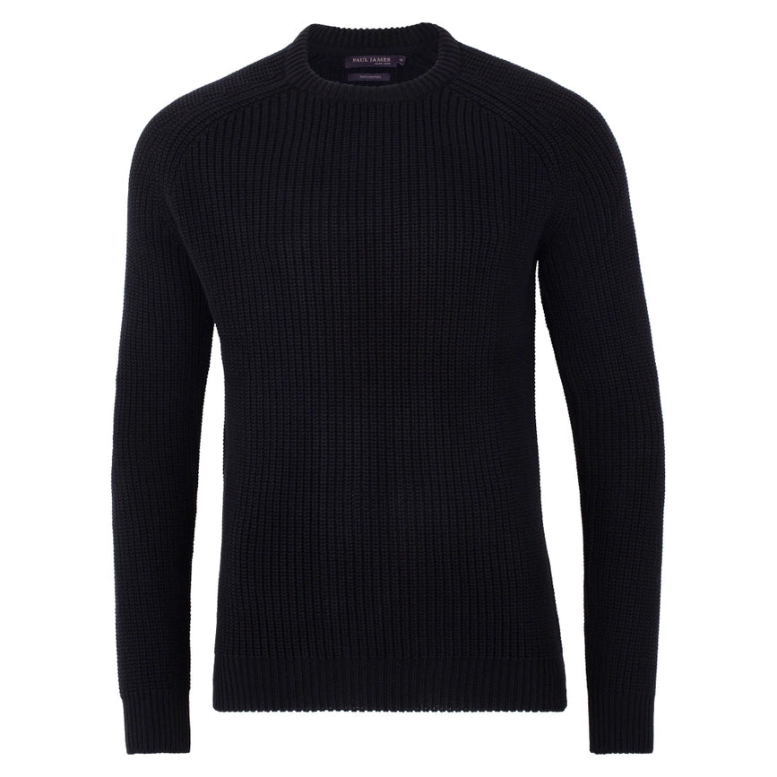 Mens Cotton Fisherman Rib Knit Jumper Black-Jumper-Paul James Knitwear-XS-Urbanheer