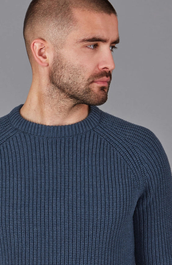 Mens Cotton Fisherman Rib Knit Jumper Blue Melange-Jumper-Paul James Knitwear-XS-Urbanheer