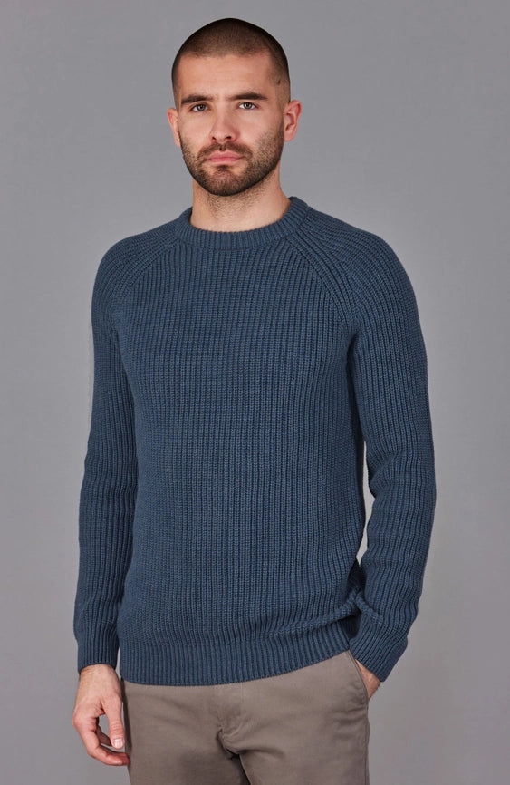 Mens Cotton Fisherman Rib Knit Jumper Blue Melange-Jumper-Paul James Knitwear-XS-Urbanheer