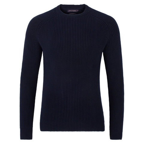 Mens Cotton Fisherman Rib Knit Jumper Navy-Jumper-Paul James Knitwear-XS-Urbanheer
