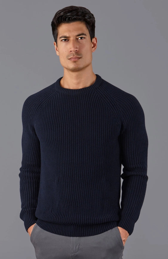 Mens Cotton Fisherman Rib Knit Jumper Navy-Jumper-Paul James Knitwear-XS-Urbanheer