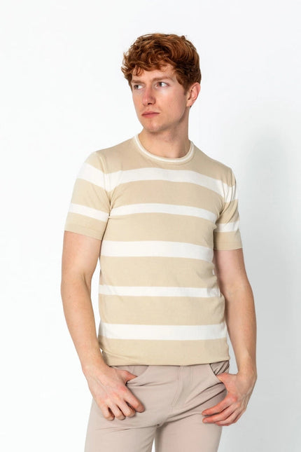 Men'S Crew-Neck Knitted Striped Shirt - Beige