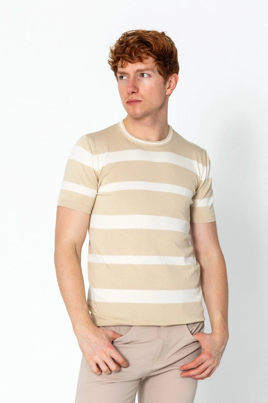 Men's Crew-Neck Knitted Striped Shirt - Beige