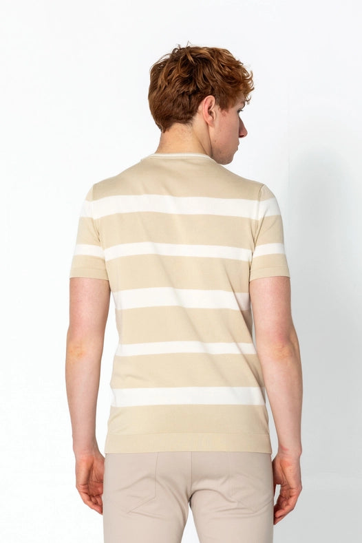 Men's Crew-Neck Knitted Striped Shirt - Beige
