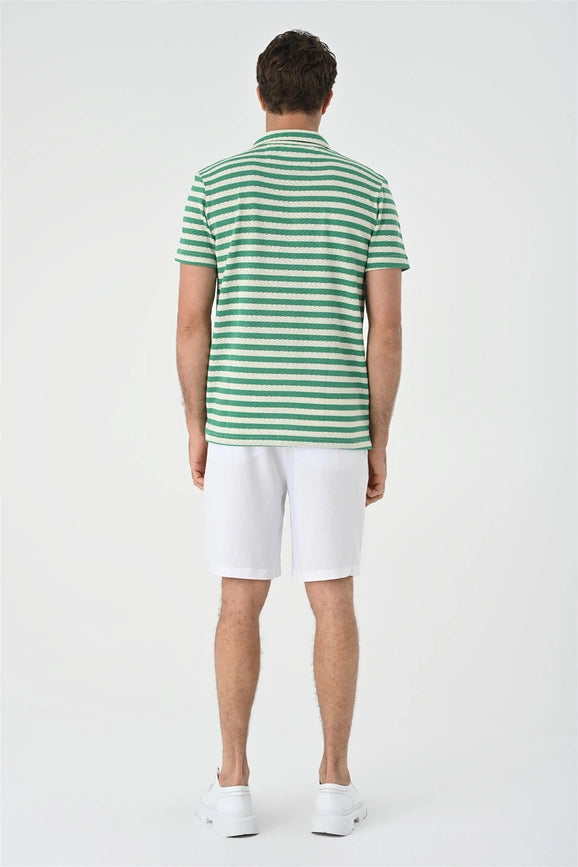 Men's Duck Green Short Sleeve Striped Knitwear Shirt-Shirts-Wessi-S-Duck Green-Urbanheer