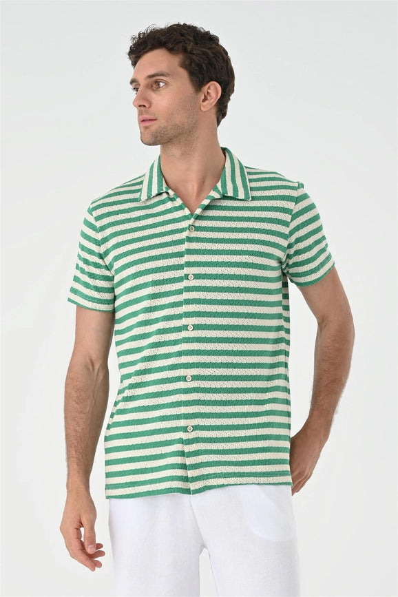 Men's Duck Green Short Sleeve Striped Knitwear Shirt-Shirts-Wessi-S-Duck Green-Urbanheer