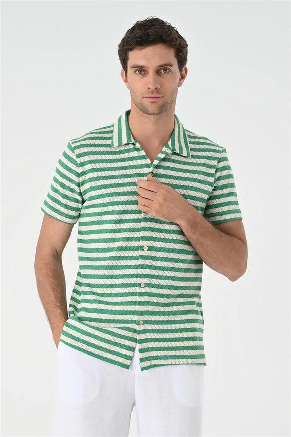 Men's Duck Green Short Sleeve Striped Knitwear Shirt-Shirts-Wessi-S-Duck Green-Urbanheer