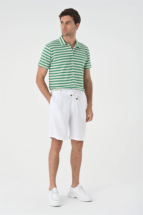 Men's Duck Green Short Sleeve Striped Knitwear Shirt-Shirts-Wessi-S-Duck Green-Urbanheer