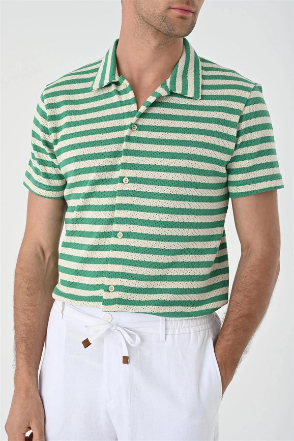 Men's Duck Green Short Sleeve Striped Knitwear Shirt-Shirts-Wessi-S-Duck Green-Urbanheer