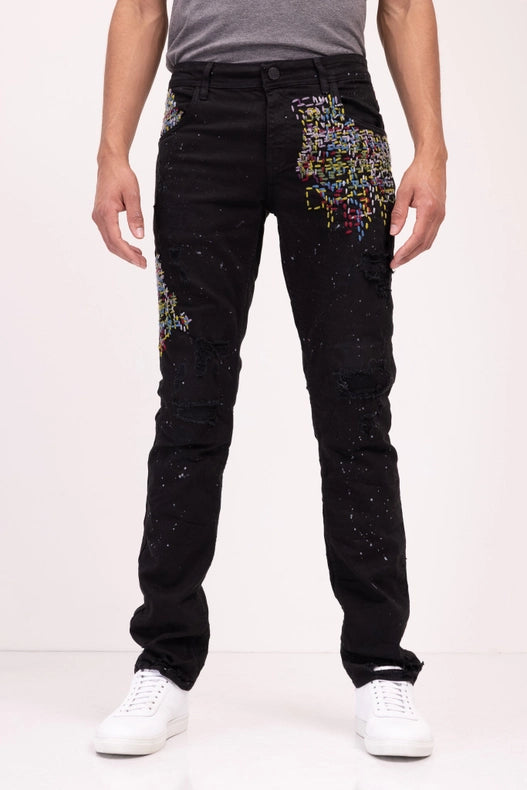 Men's Embroidered Denim Jeans - Black