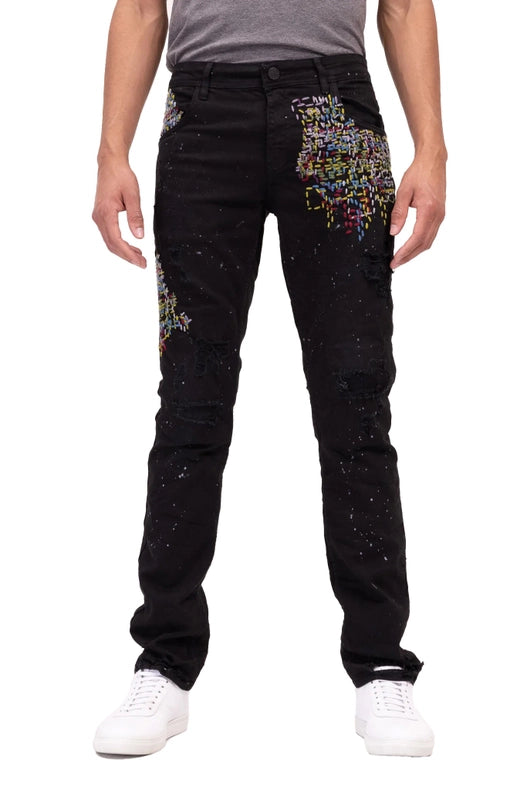 Men's Embroidered Denim Jeans - Black