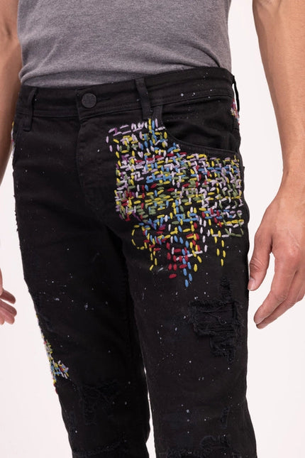 Men'S Embroidered Denim Jeans - Black