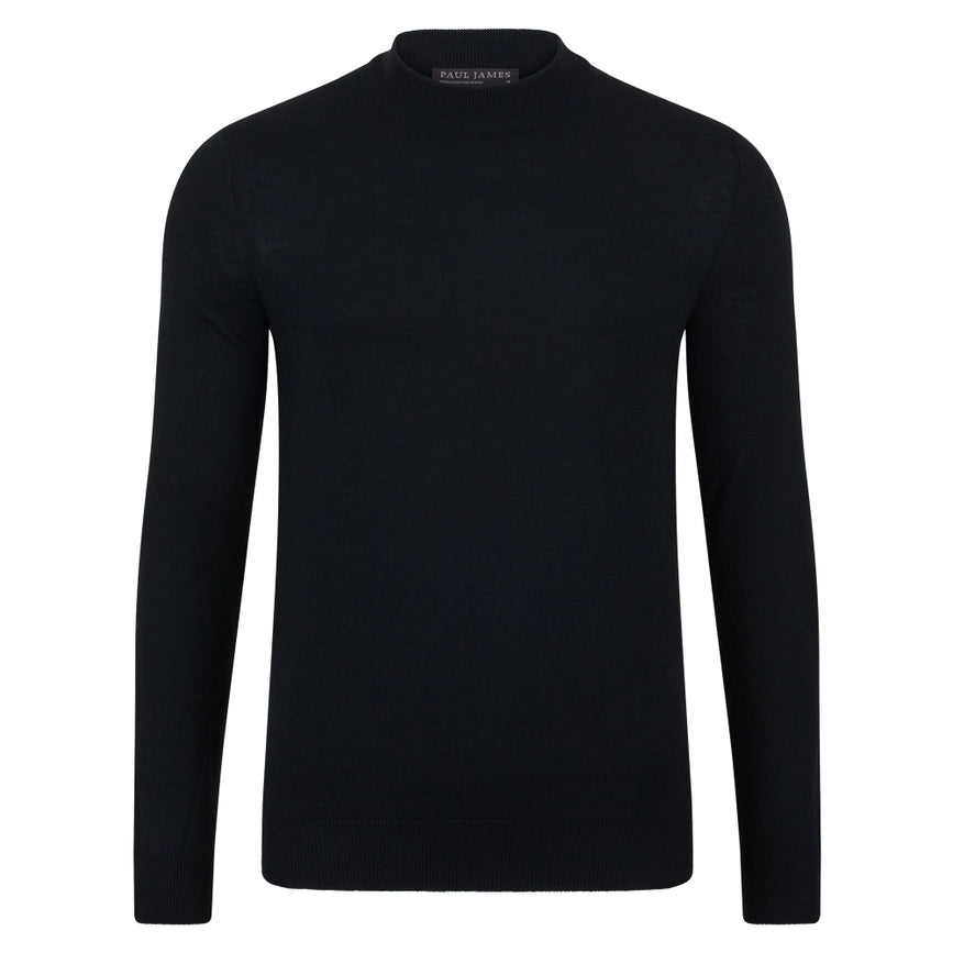 Mens Extra Fine Merino Narrow Mock Turtleneck Jumper Black-Jumper-Paul James Knitwear-S-Black-Urbanheer
