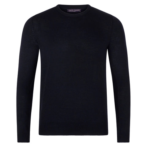 Mens Extra Fine Merino Wool Crew Neck Jumper Black-Jumper-Paul James Knitwear-XS-Urbanheer