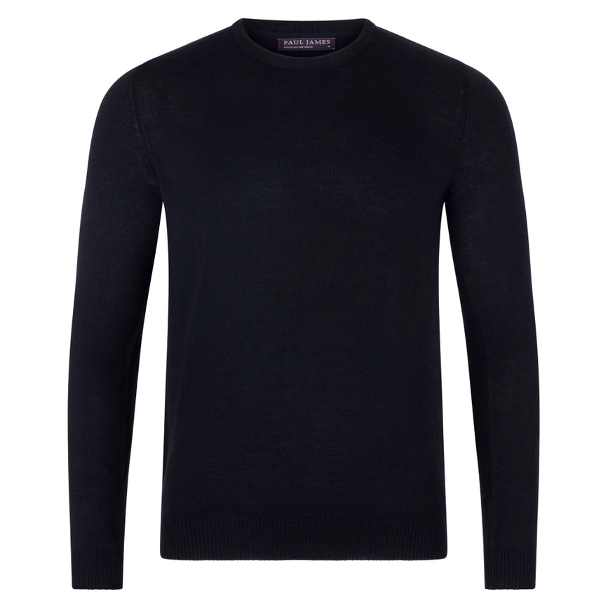 Mens Extra Fine Merino Wool Crew Neck Jumper Black-Jumper-Paul James Knitwear-XS-Urbanheer