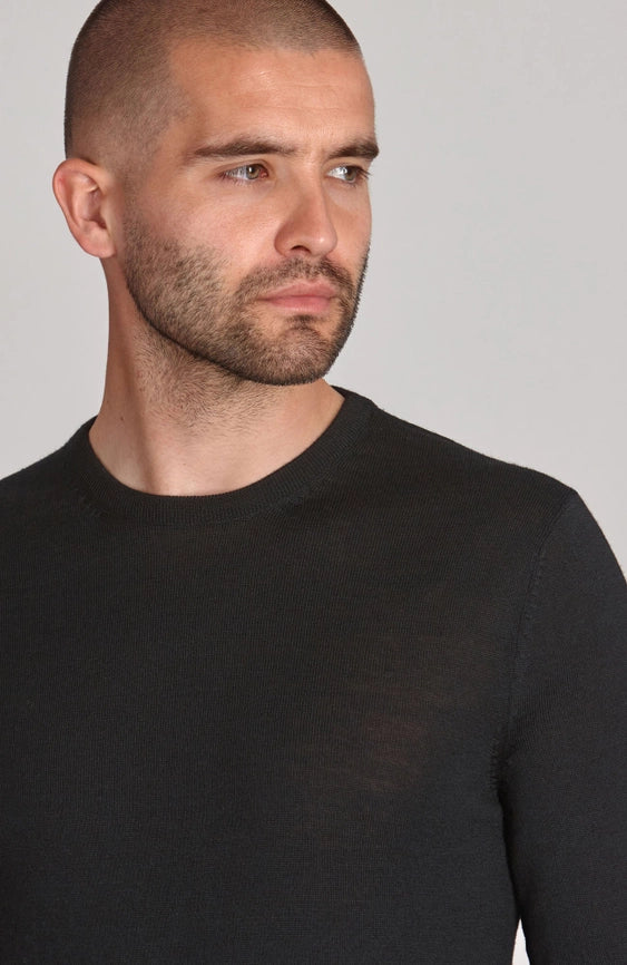 Mens Extra Fine Merino Wool Crew Neck Jumper Black-Jumper-Paul James Knitwear-XS-Urbanheer