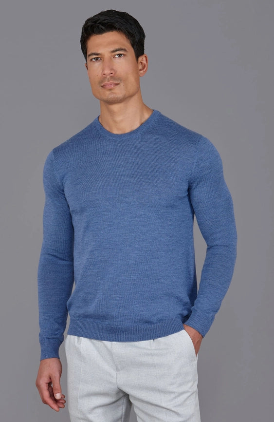 Mens Extra Fine Merino Wool Crew Neck Jumper Denim Blue-Jumper-Paul James Knitwear-S-Urbanheer
