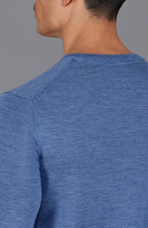 Mens Extra Fine Merino Wool Crew Neck Jumper Denim Blue-Jumper-Paul James Knitwear-S-Urbanheer