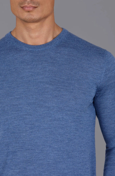 Mens Extra Fine Merino Wool Crew Neck Jumper Denim Blue-Jumper-Paul James Knitwear-S-Urbanheer