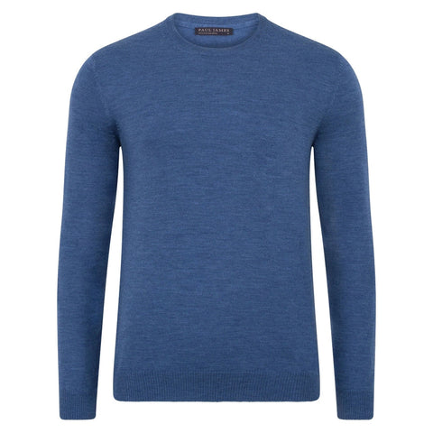 Mens Extra Fine Merino Wool Crew Neck Jumper Denim Blue-Jumper-Paul James Knitwear-S-Urbanheer