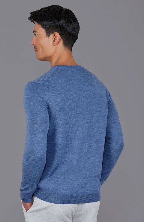 Mens Extra Fine Merino Wool Crew Neck Jumper Denim Blue-Jumper-Paul James Knitwear-S-Urbanheer