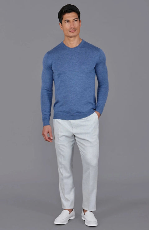 Mens Extra Fine Merino Wool Crew Neck Jumper Denim Blue-Jumper-Paul James Knitwear-S-Urbanheer