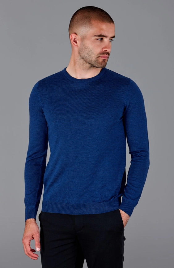 Mens Extra Fine Merino Wool Crew Neck Jumper Indigo Blue-Jumper-Paul James Knitwear-M-Urbanheer