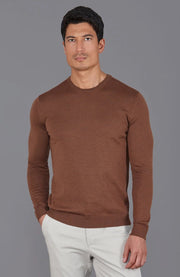 Mens Extra Fine Merino Wool Crew Neck Jumper Oak Brown-Jumper-Paul James Knitwear-S-Urbanheer