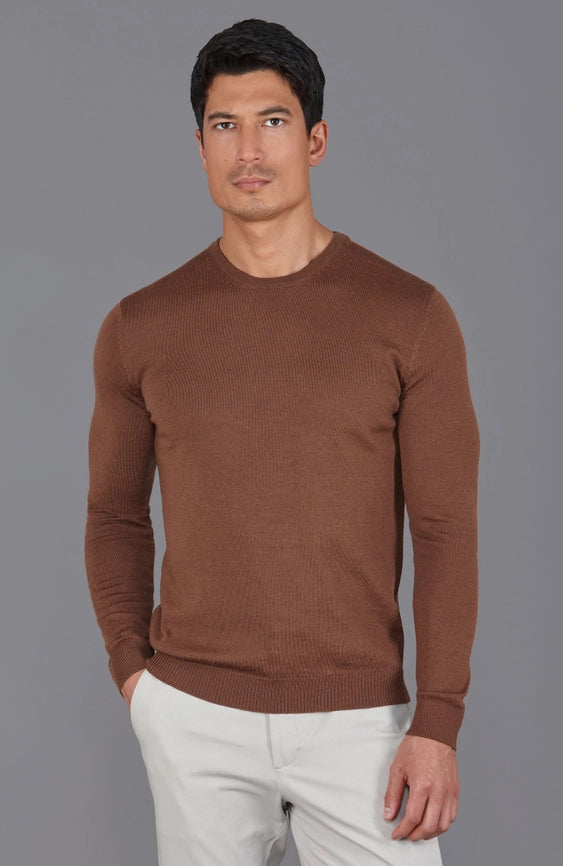 Mens Extra Fine Merino Wool Crew Neck Jumper Oak Brown-Jumper-Paul James Knitwear-S-Urbanheer