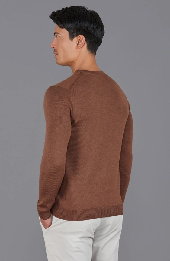 Mens Extra Fine Merino Wool Crew Neck Jumper Oak Brown-Jumper-Paul James Knitwear-S-Urbanheer