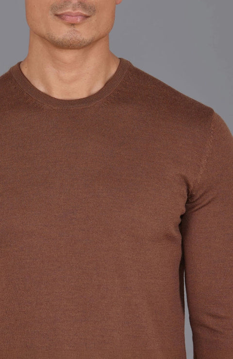 Mens Extra Fine Merino Wool Crew Neck Jumper Oak Brown-Jumper-Paul James Knitwear-S-Urbanheer