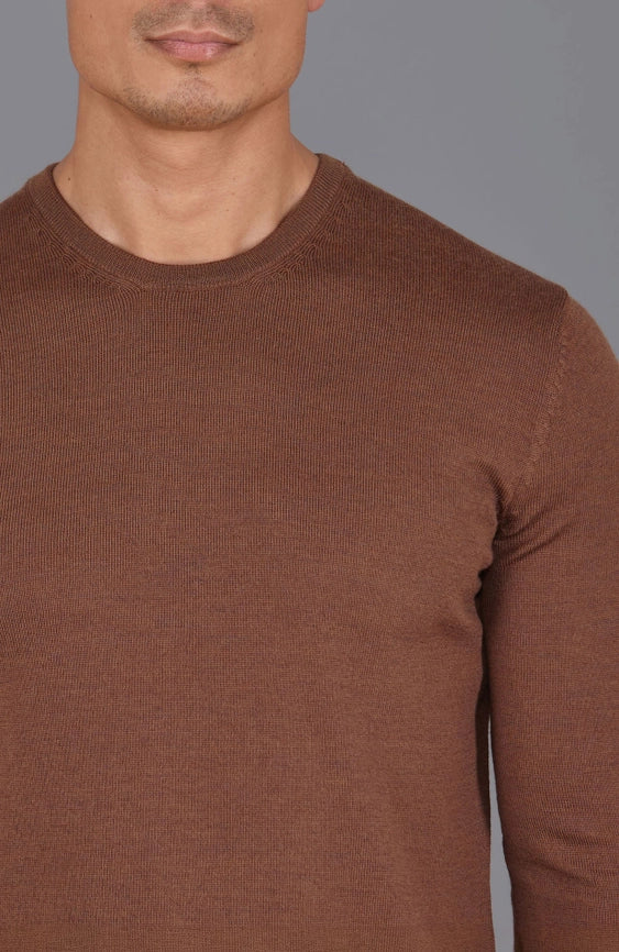 Mens Extra Fine Merino Wool Crew Neck Jumper Oak Brown-Jumper-Paul James Knitwear-S-Urbanheer