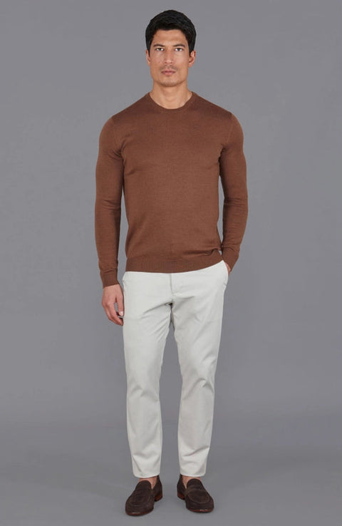 Mens Extra Fine Merino Wool Crew Neck Jumper Oak Brown-Jumper-Paul James Knitwear-S-Urbanheer