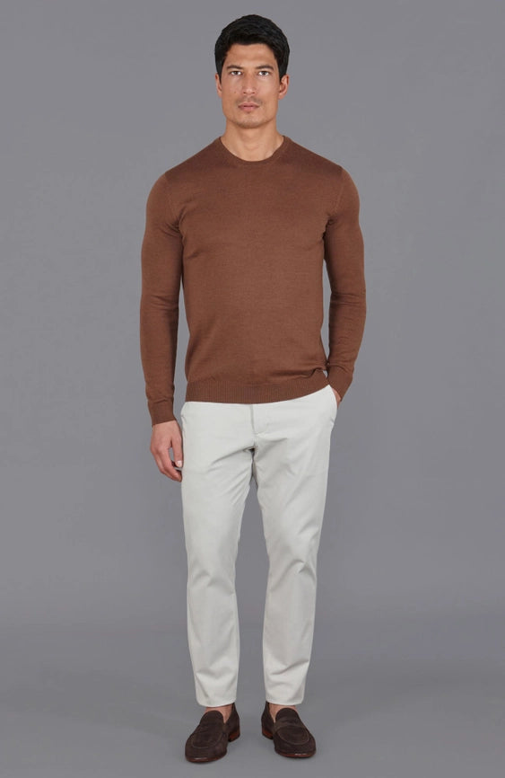 Mens Extra Fine Merino Wool Crew Neck Jumper Oak Brown-Jumper-Paul James Knitwear-S-Urbanheer
