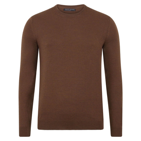 Mens Extra Fine Merino Wool Crew Neck Jumper Oak Brown-Jumper-Paul James Knitwear-S-Urbanheer
