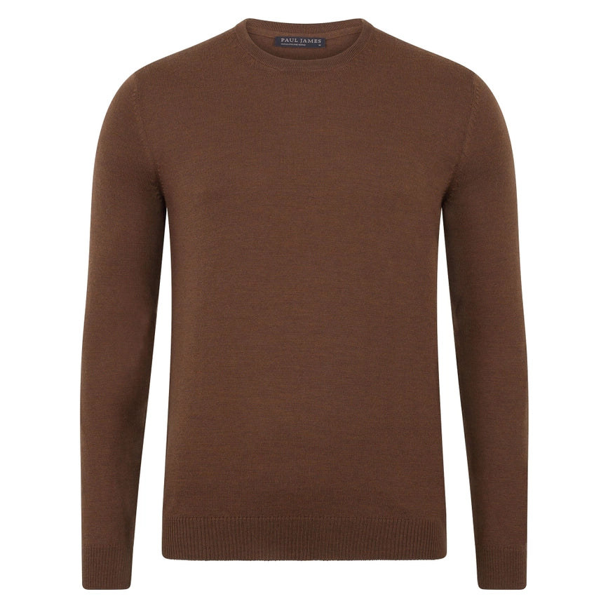 Mens Extra Fine Merino Wool Crew Neck Jumper Oak Brown-Jumper-Paul James Knitwear-S-Urbanheer