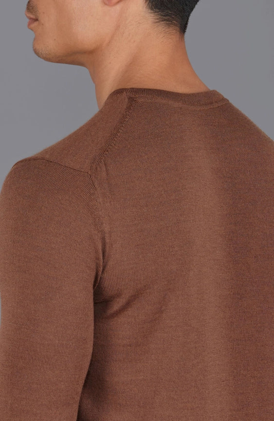 Mens Extra Fine Merino Wool Crew Neck Jumper Oak Brown-Jumper-Paul James Knitwear-S-Urbanheer