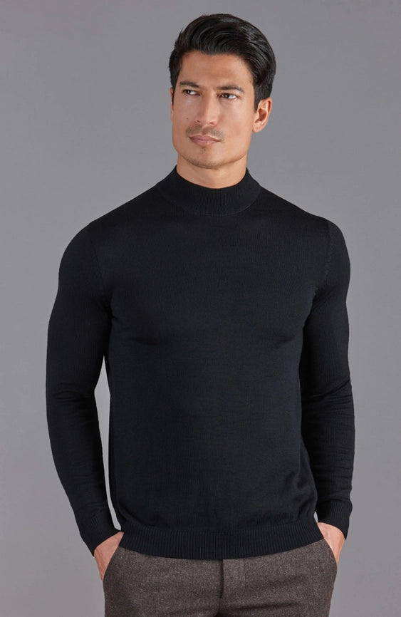 Mens Extra Fine Merino Wool Mock Turtleneck Jumper Black-Jumper-Paul James Knitwear-S-Urbanheer