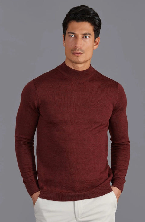 Mens Extra Fine Merino Wool Mock Turtleneck Jumper Burgundy-Jumper-Paul James Knitwear-L-Urbanheer