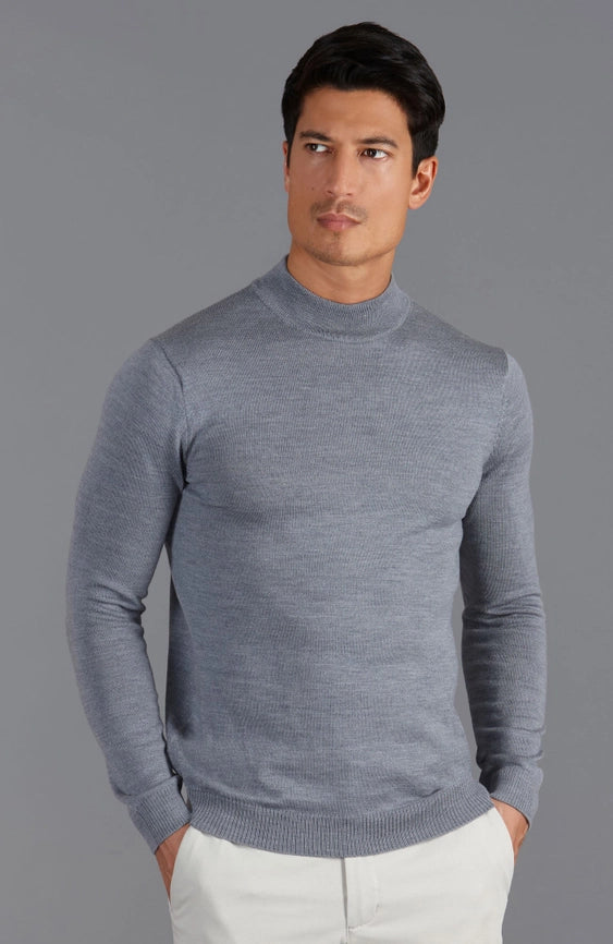 Mens Extra Fine Merino Wool Mock Turtleneck Jumper Mid Grey-Jumper-Paul James Knitwear-S-Urbanheer