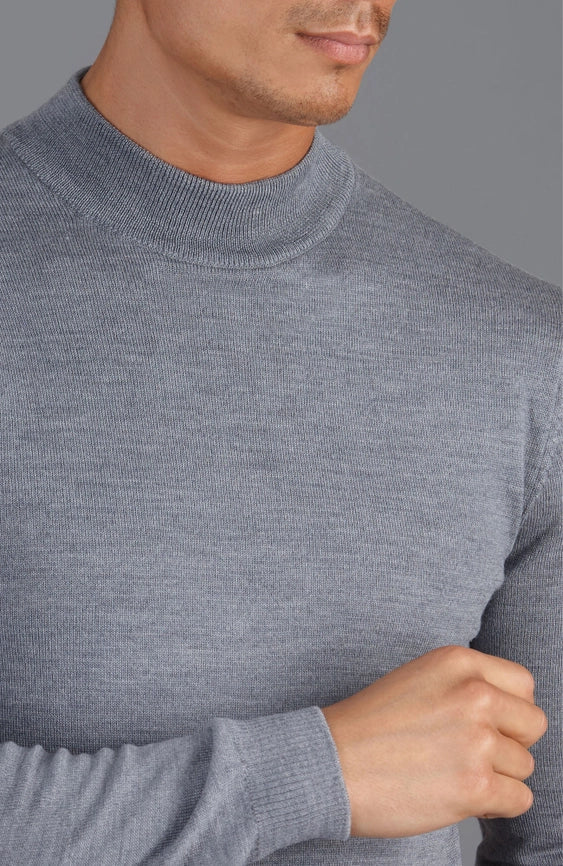 Mens Extra Fine Merino Wool Mock Turtleneck Jumper Mid Grey-Jumper-Paul James Knitwear-S-Urbanheer