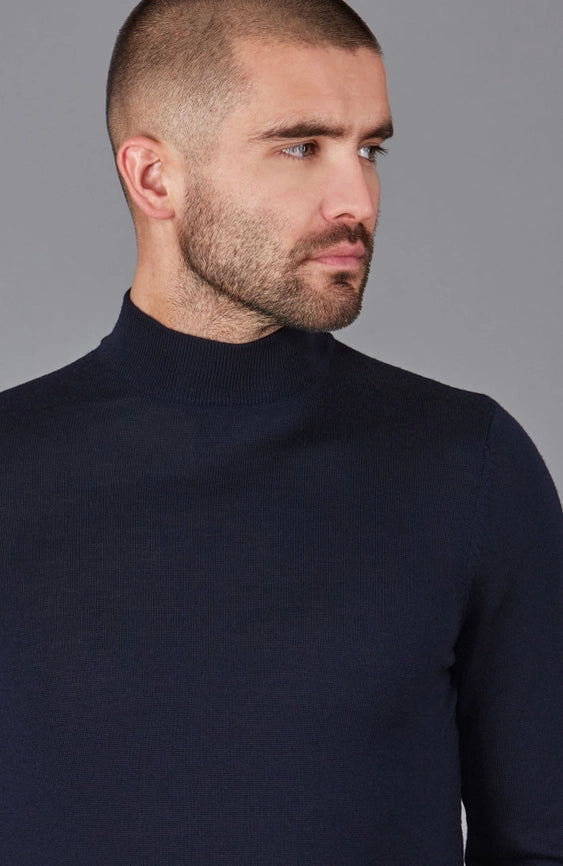 Mens Extra Fine Merino Wool Mock Turtleneck Jumper Navy-Jumper-Paul James Knitwear-S-Urbanheer
