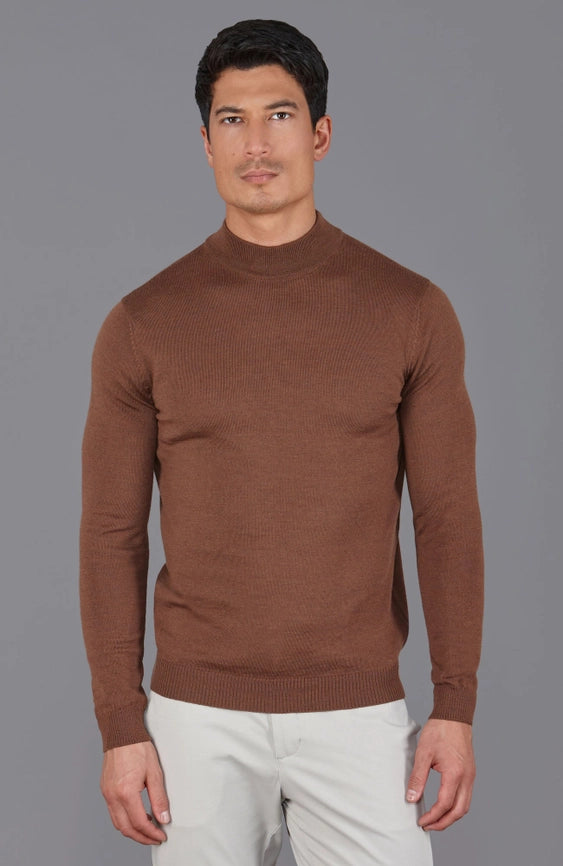 Mens Extra Fine Merino Wool Mock Turtleneck Jumper Oak Brown-Jumper-Paul James Knitwear-S-Urbanheer
