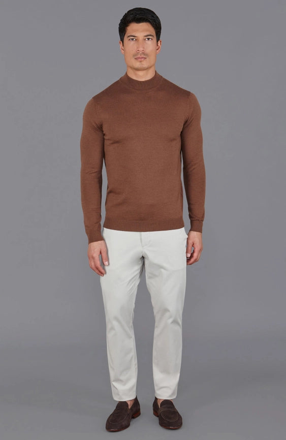 Mens Extra Fine Merino Wool Mock Turtleneck Jumper Oak Brown-Jumper-Paul James Knitwear-S-Urbanheer