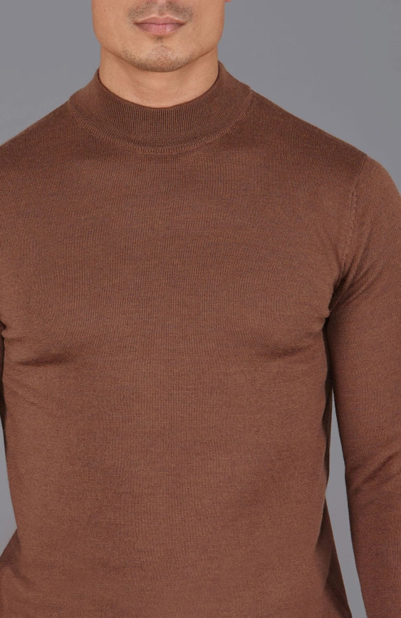 Mens Extra Fine Merino Wool Mock Turtleneck Jumper Oak Brown-Jumper-Paul James Knitwear-S-Urbanheer