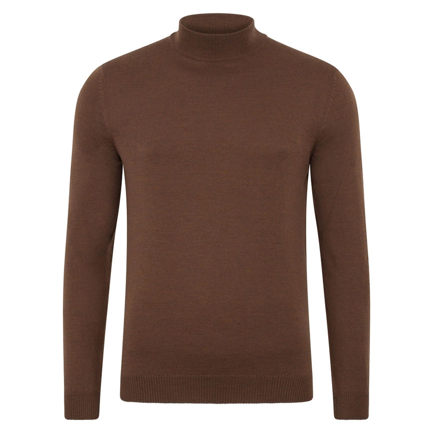 Mens Extra Fine Merino Wool Mock Turtleneck Jumper Oak Brown-Jumper-Paul James Knitwear-S-Urbanheer