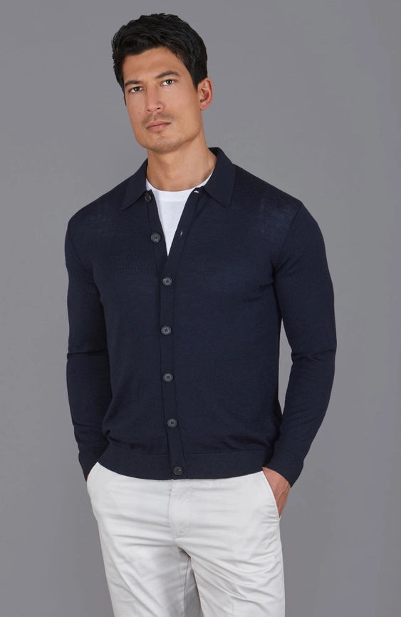 Mens Extra Fine Merino Wool Polo Cardigan-Cardigan-Paul James Knitwear-S-Navy-Urbanheer