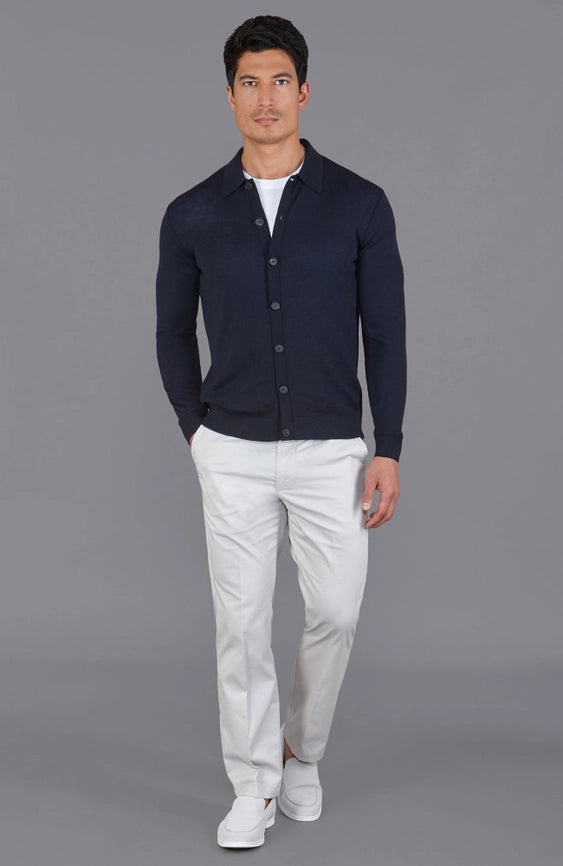 Mens Extra Fine Merino Wool Polo Cardigan-Cardigan-Paul James Knitwear-S-Navy-Urbanheer
