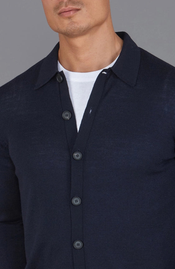Mens Extra Fine Merino Wool Polo Cardigan-Cardigan-Paul James Knitwear-S-Navy-Urbanheer